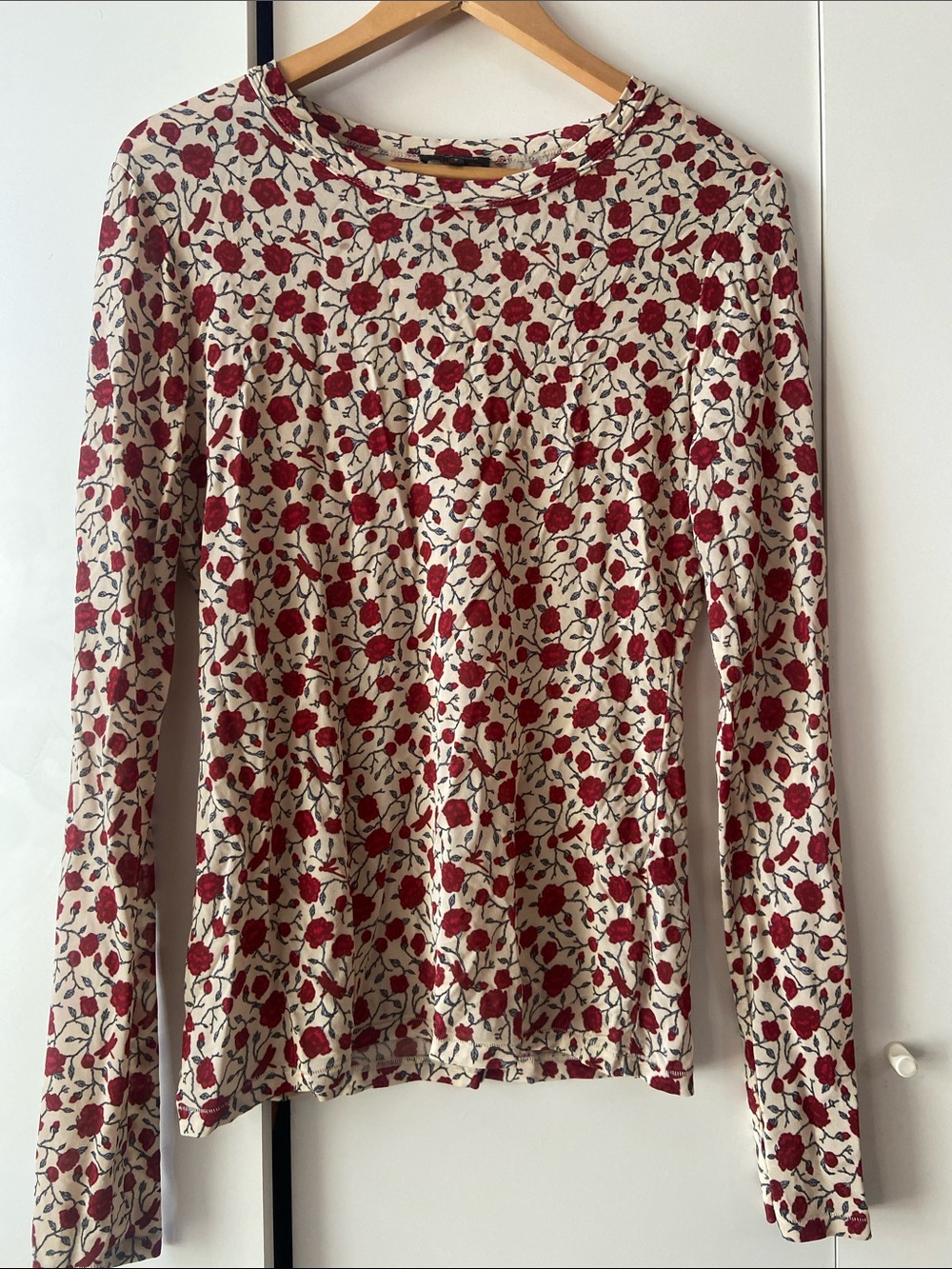 rag & bone Long-Sleeve Floral Top - Cream with Red Rose Print